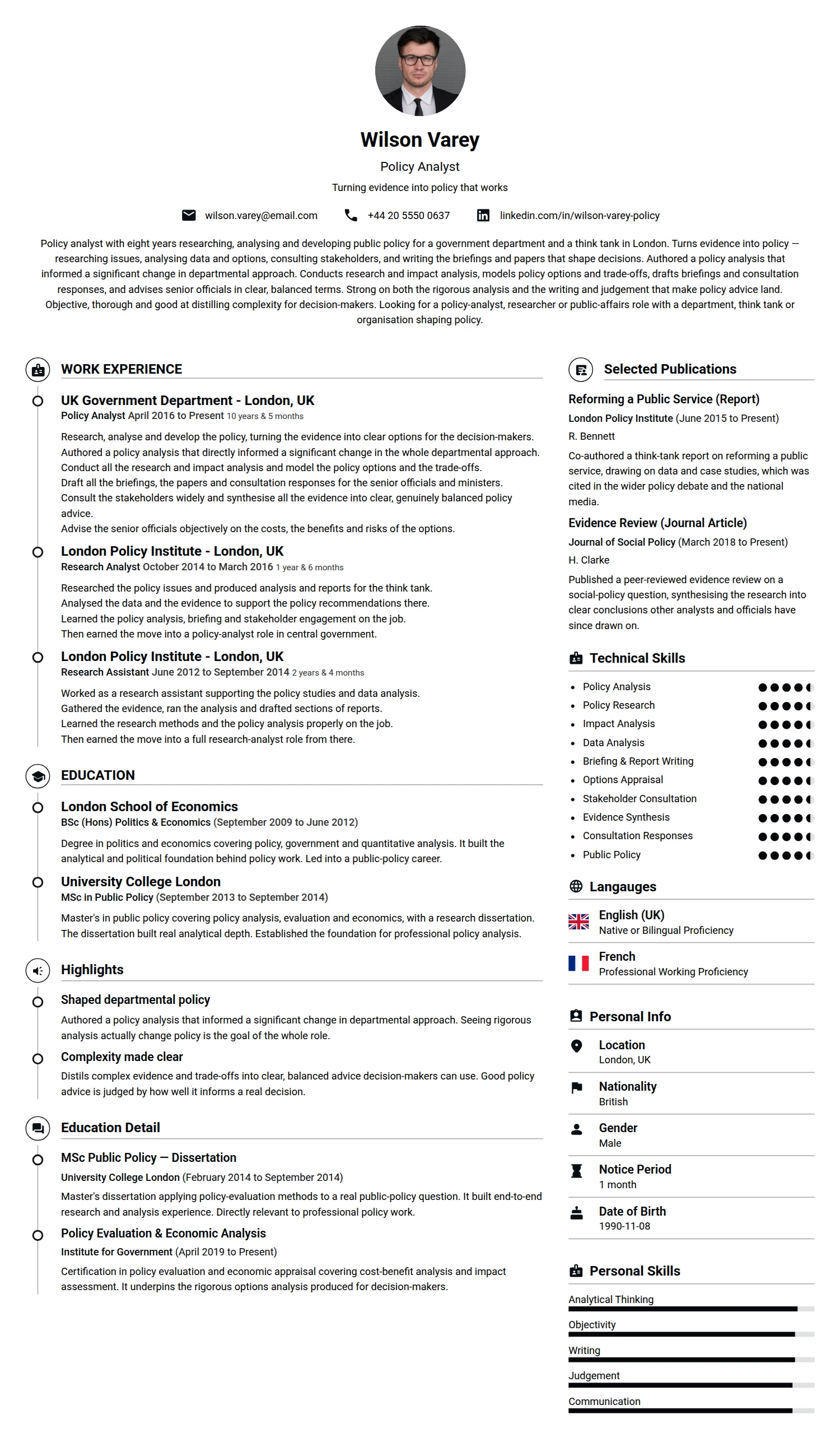 Policy Analyst resume example — a professionally formatted Government CV sample