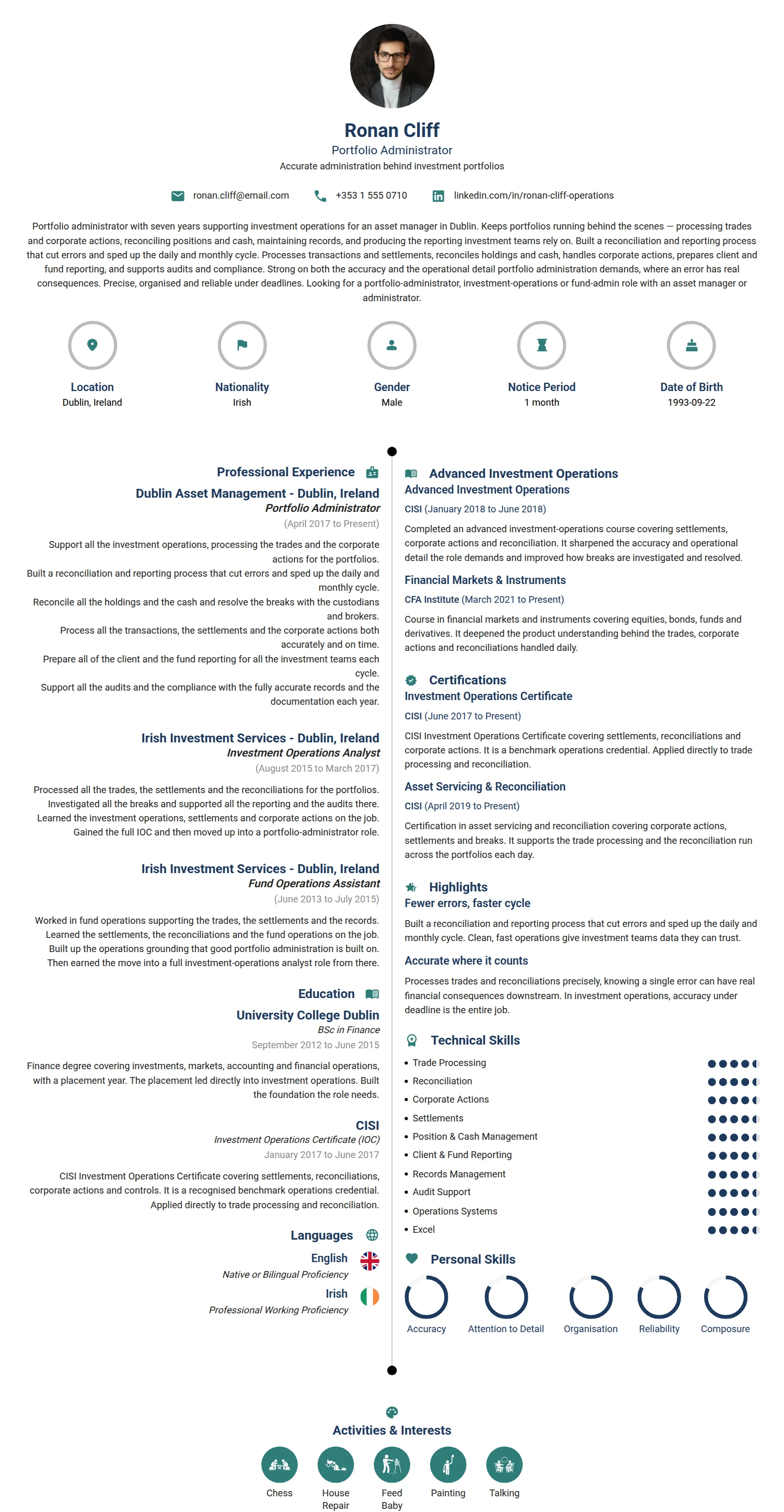 Portfolio Administrator resume example — a professionally formatted Financial Services & Banking CV sample