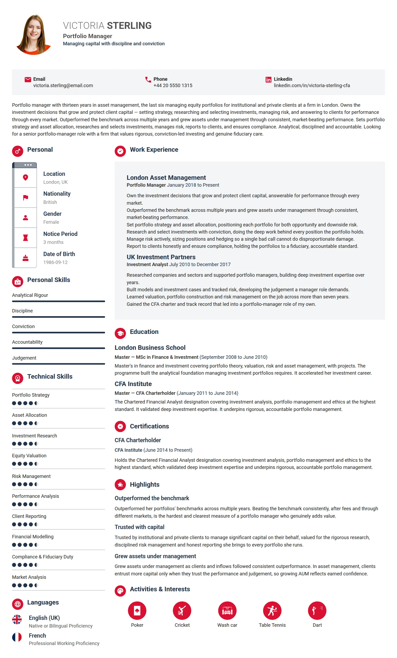 Portfolio Manager resume example — a professionally formatted Financial Services & Banking CV sample