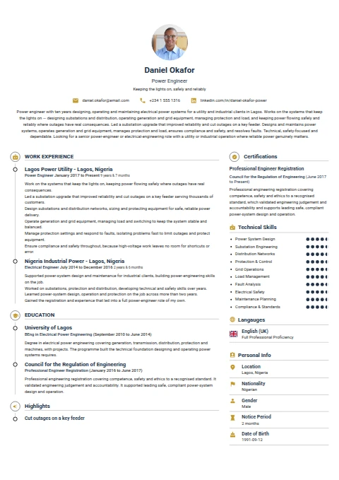 Power Engineer resume example — a professionally formatted Engineering CV sample