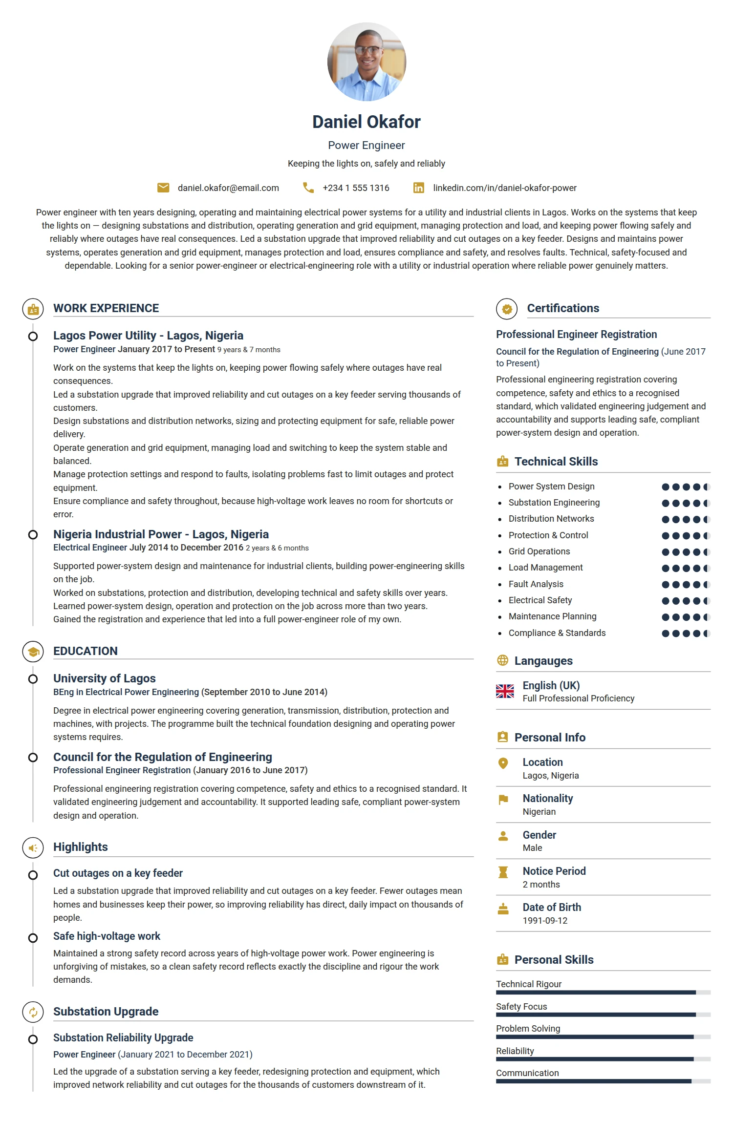 Power Engineer resume example — a professionally formatted Engineering CV sample