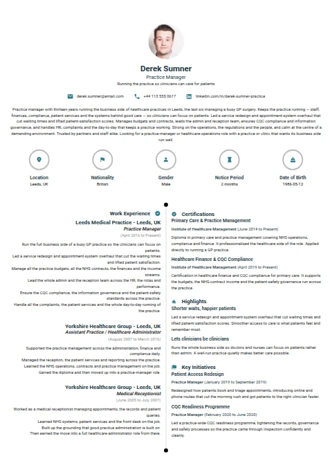 Practice Manager resume example — a professionally formatted Medical & Healthcare CV sample