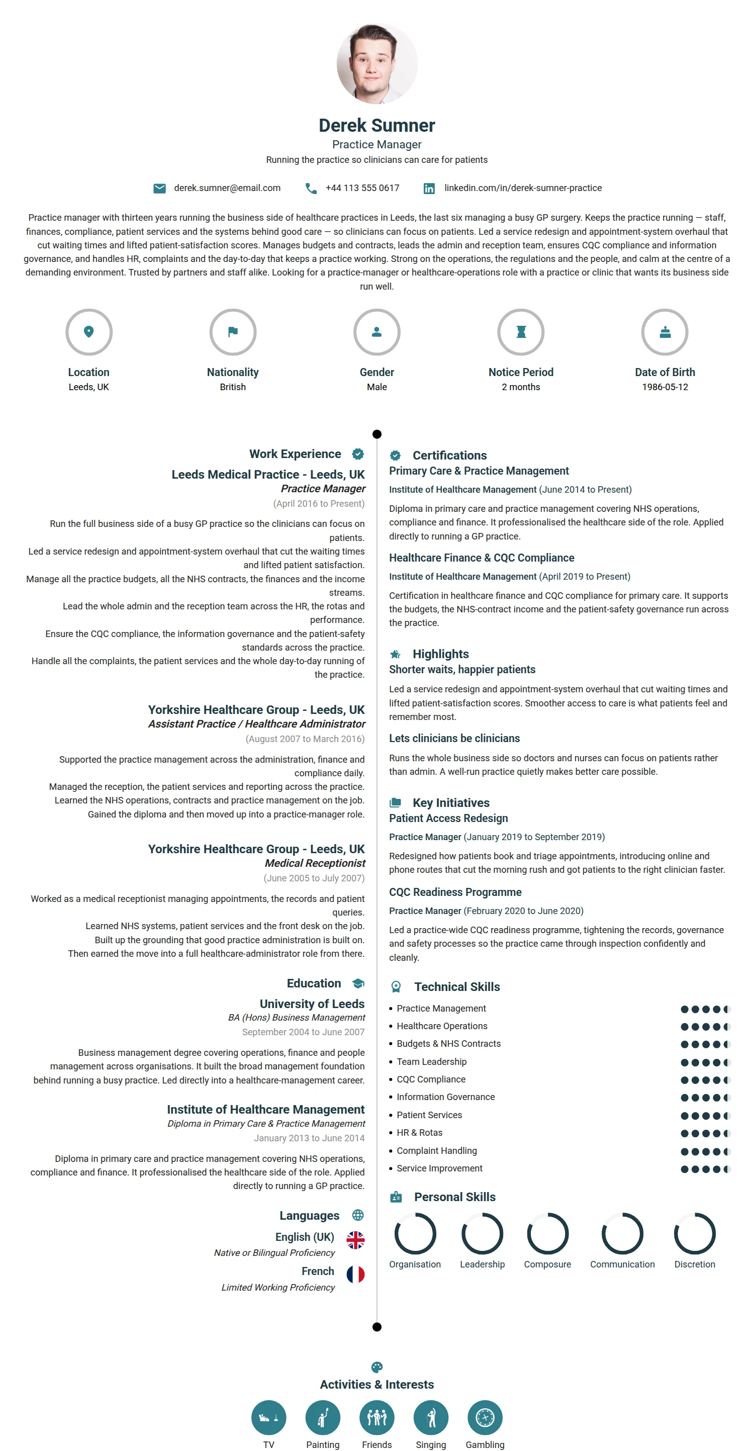 Practice Manager resume example — a professionally formatted Medical & Healthcare CV sample
