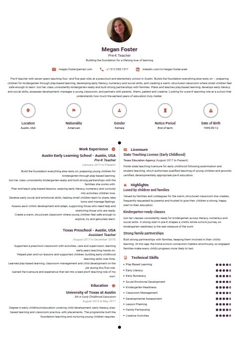 Pre K Teacher resume example — a professionally formatted Education CV sample