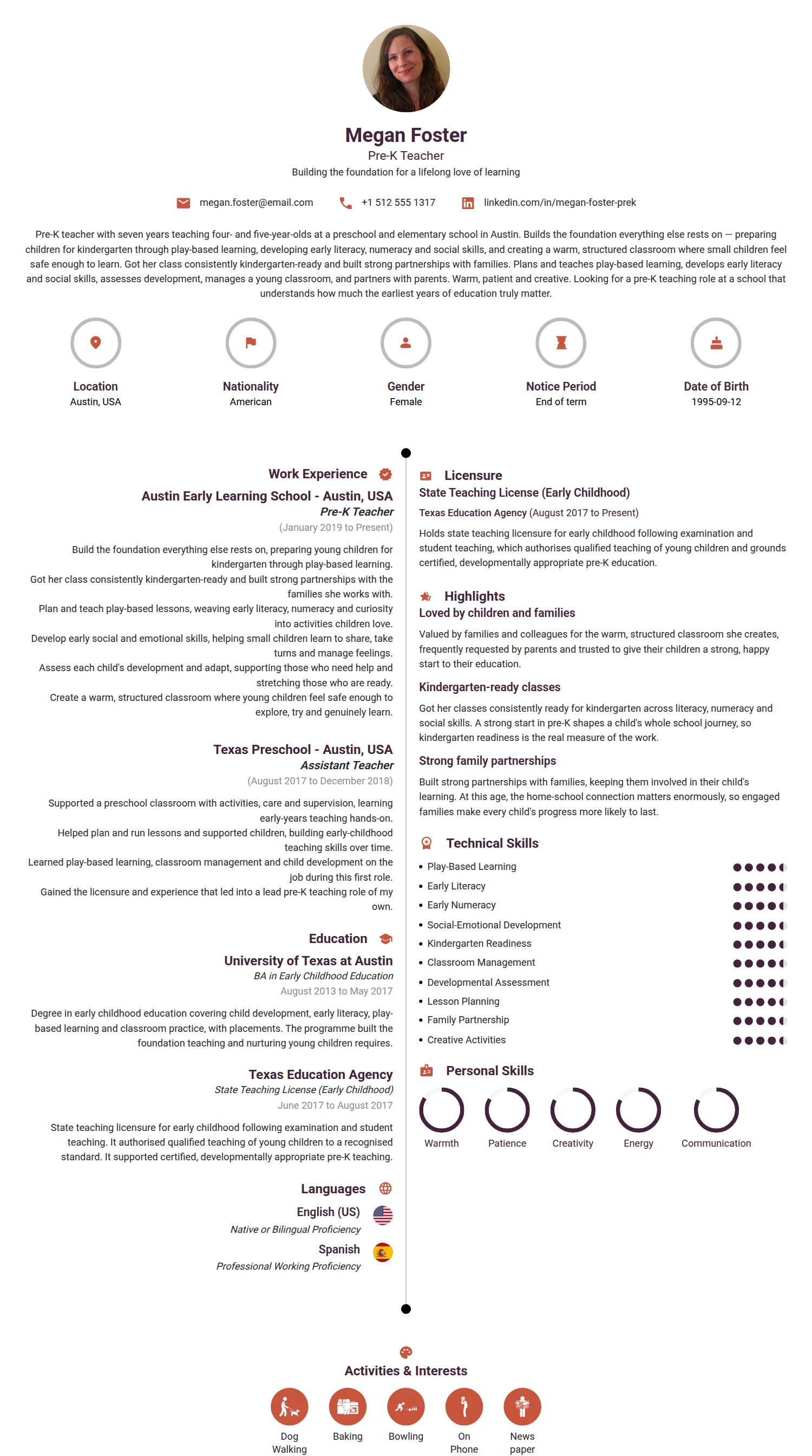 Pre K Teacher resume example — a professionally formatted Education CV sample