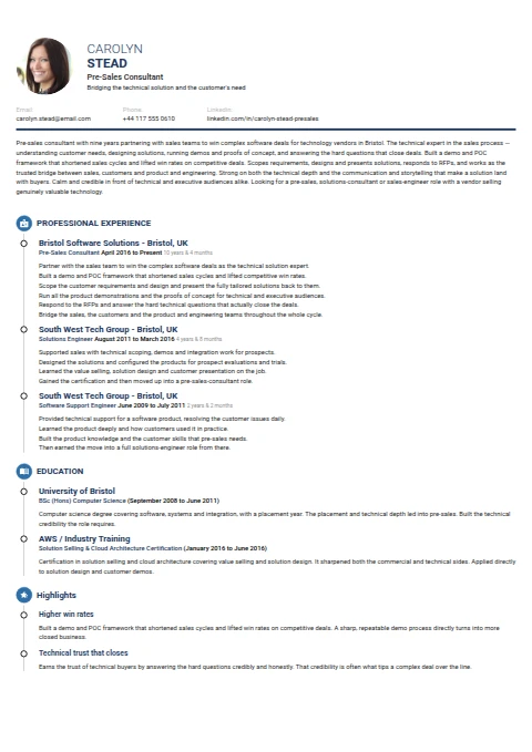 Pre Sales Consultant resume example — a professionally formatted Sales CV sample