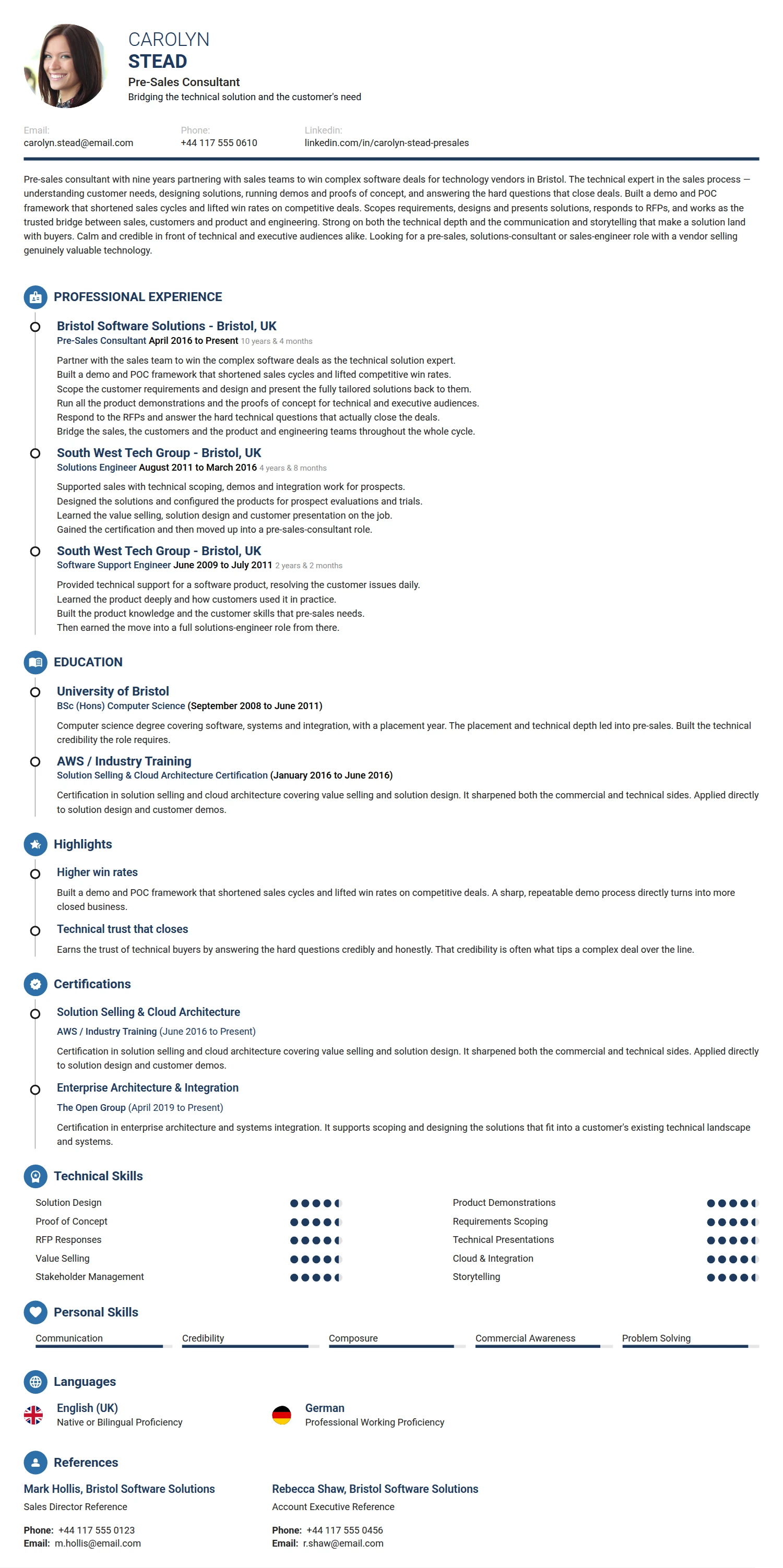 Pre Sales Consultant resume example — a professionally formatted Sales CV sample