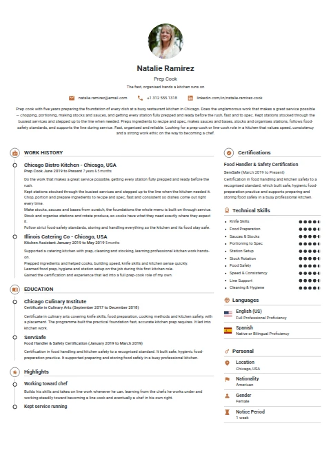 Prep Cook resume example — a professionally formatted Hospitality CV sample