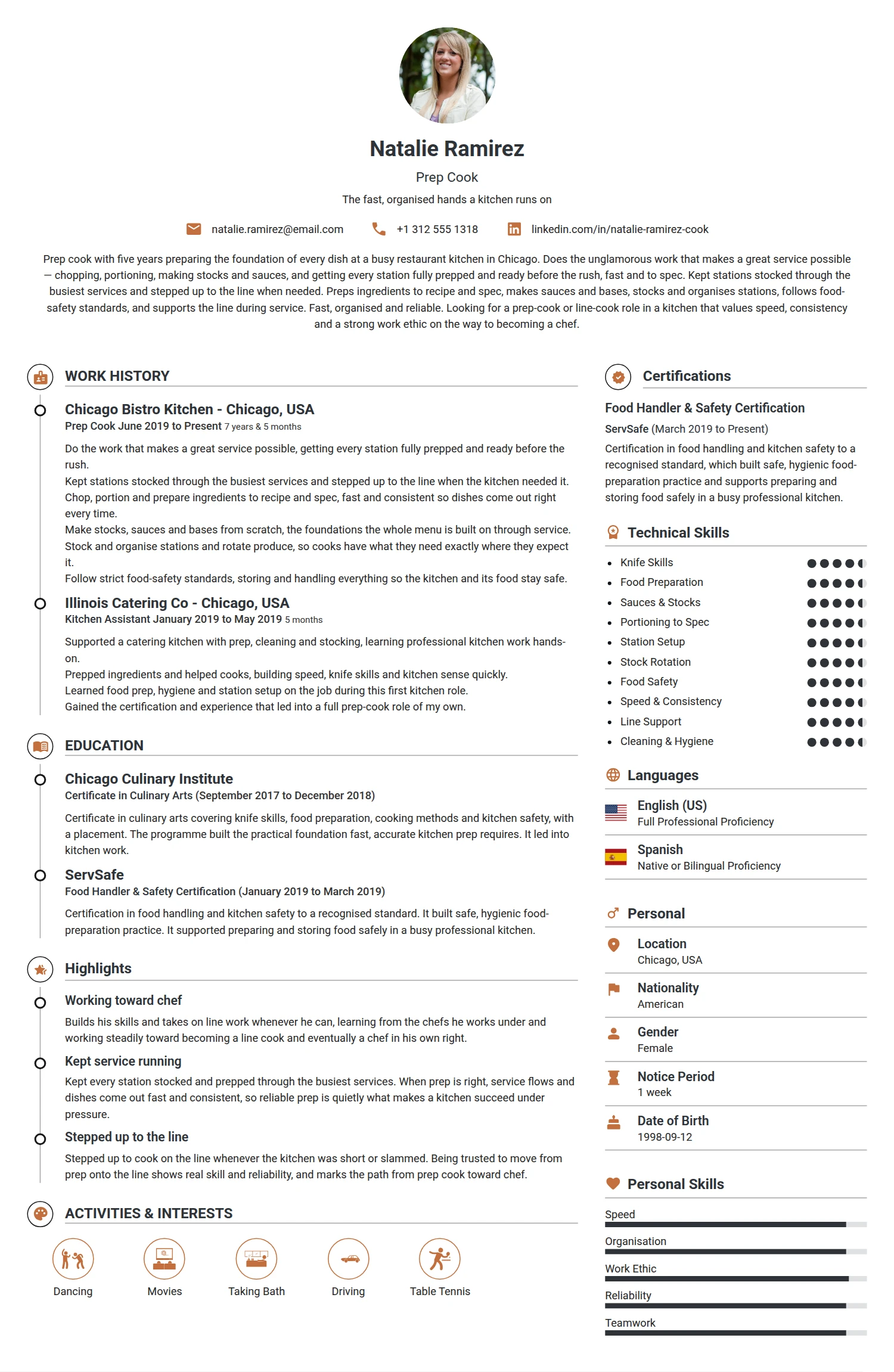 Prep Cook resume example — a professionally formatted Hospitality CV sample