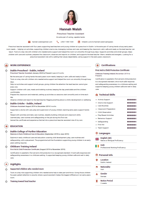 PreSchool Teacher Assistant resume example
