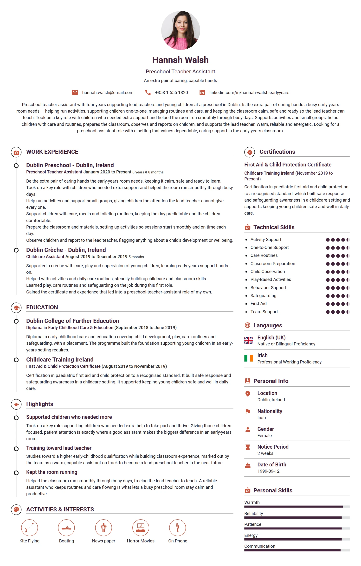 PreSchool Teacher Assistant resume example — a professionally formatted Education CV sample