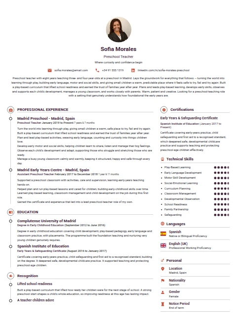 Preschool Teacher resume example