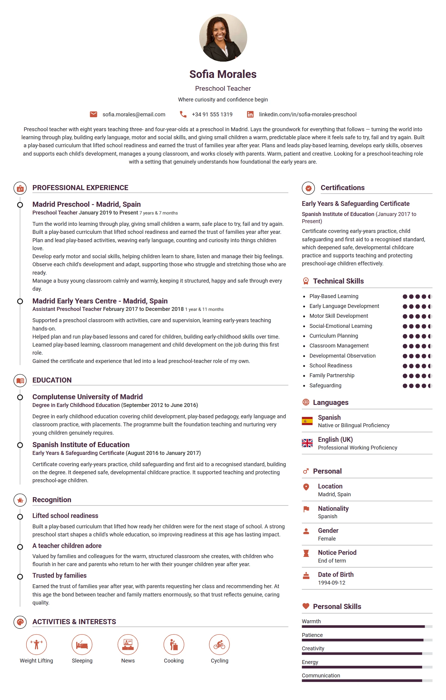 Preschool Teacher resume example — a professionally formatted Accounting/Auditing CV sample