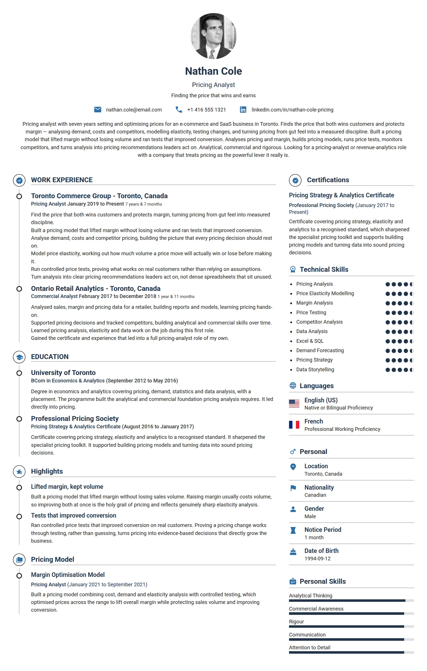 Pricing Analyst resume example — a professionally formatted Advertising/Marketing/PR CV sample