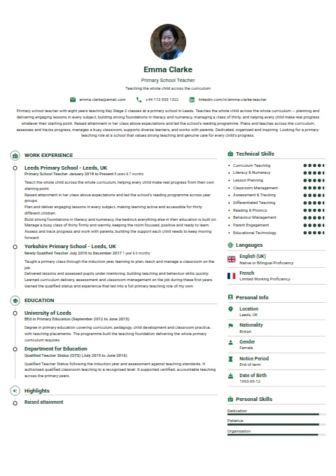 Primary School Teacher resume example