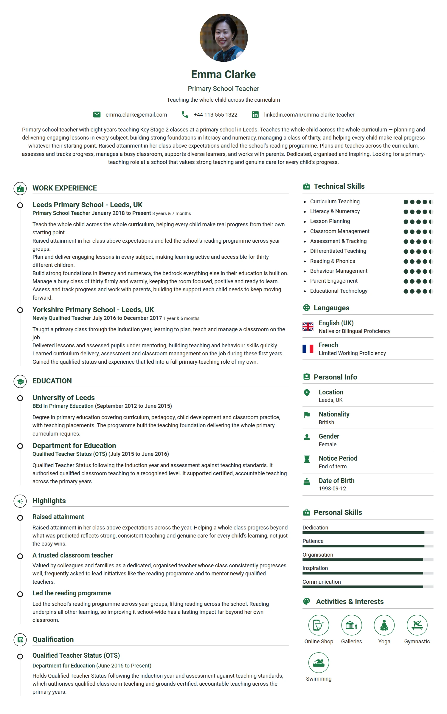 Primary School Teacher resume example — a professionally formatted Education CV sample
