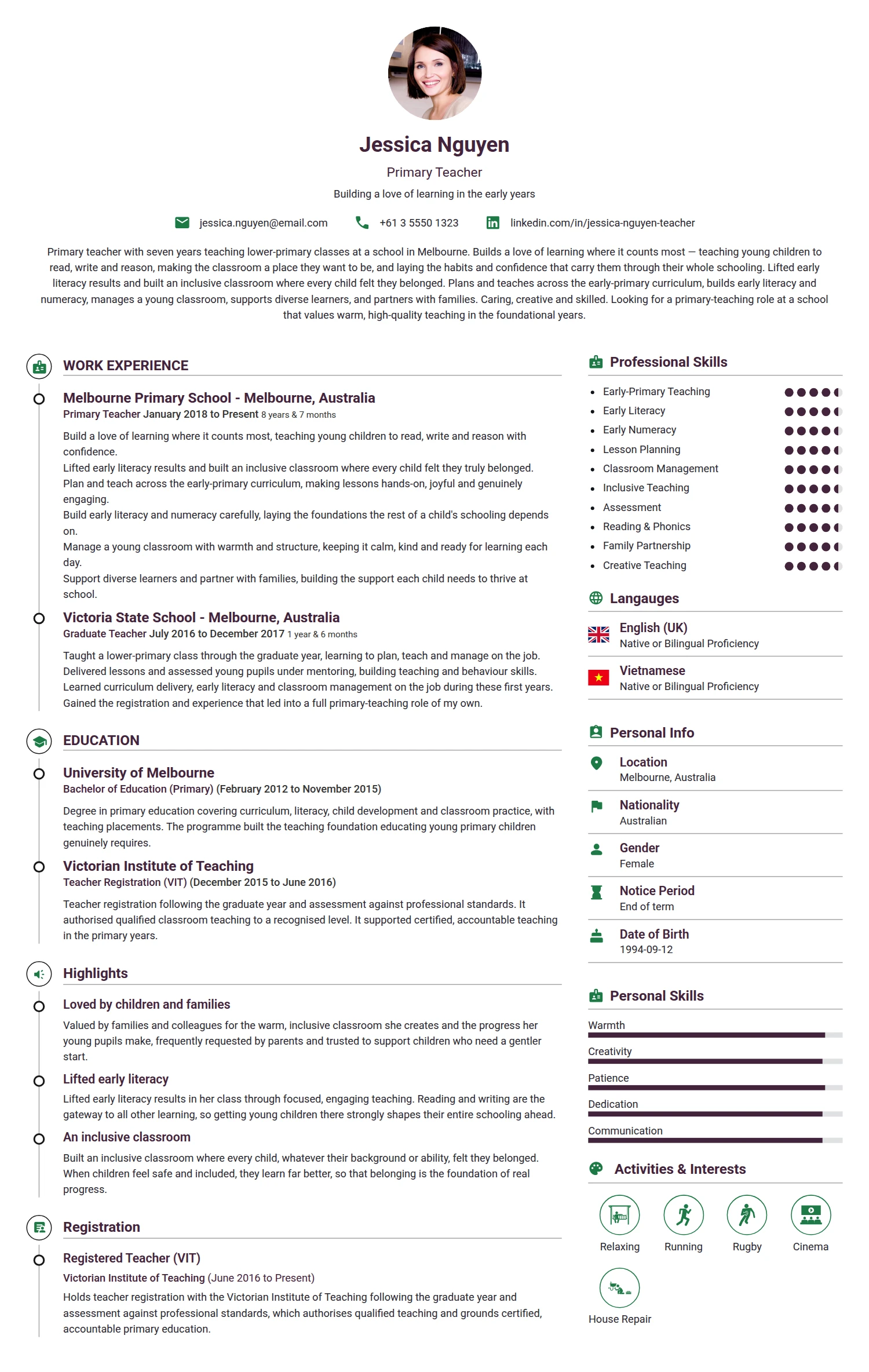 Primary Teacher resume example — a professionally formatted Education CV sample