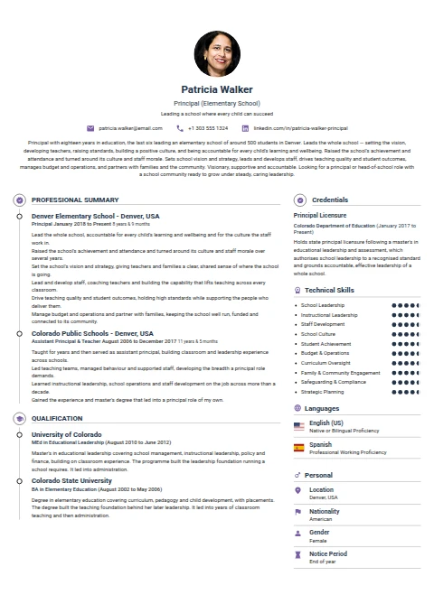 Principal resume example