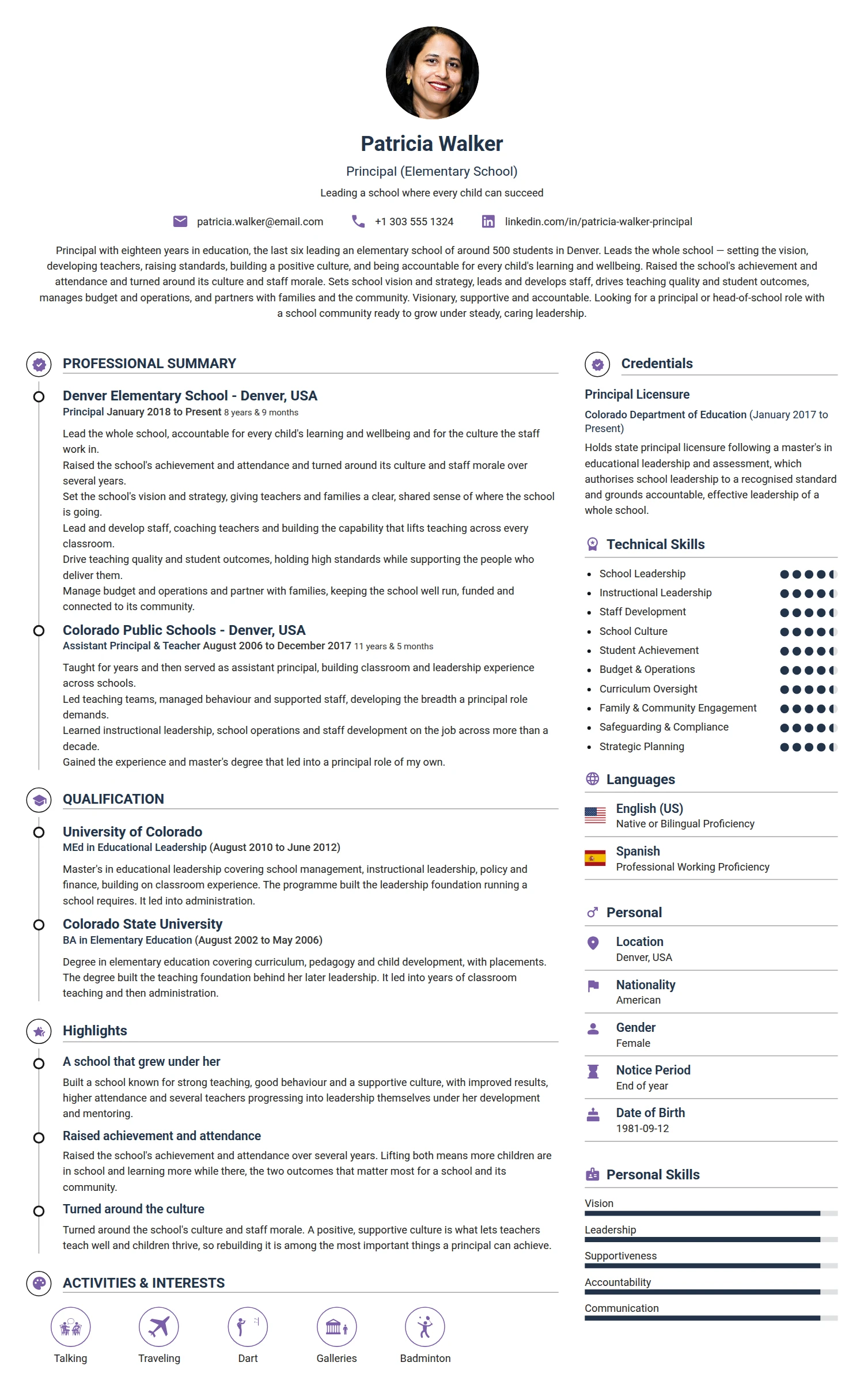 Principal resume example — a professionally formatted Education CV sample