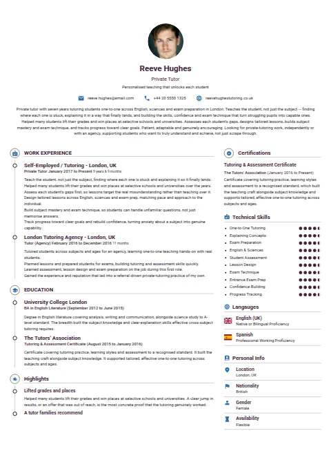 Private Tutor resume example