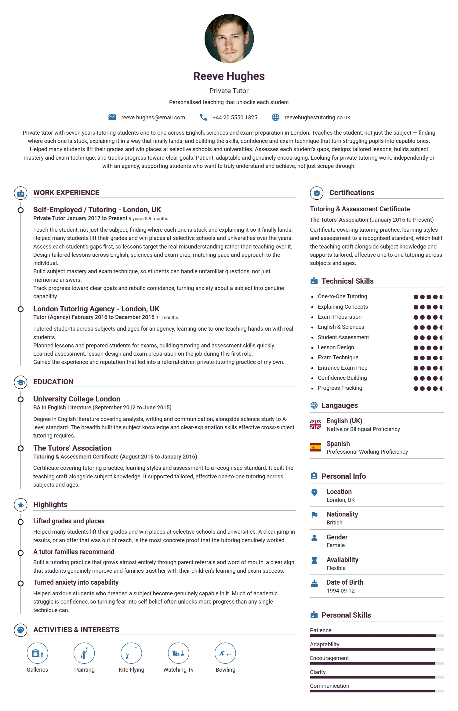 Private Tutor resume example — a professionally formatted Education CV sample