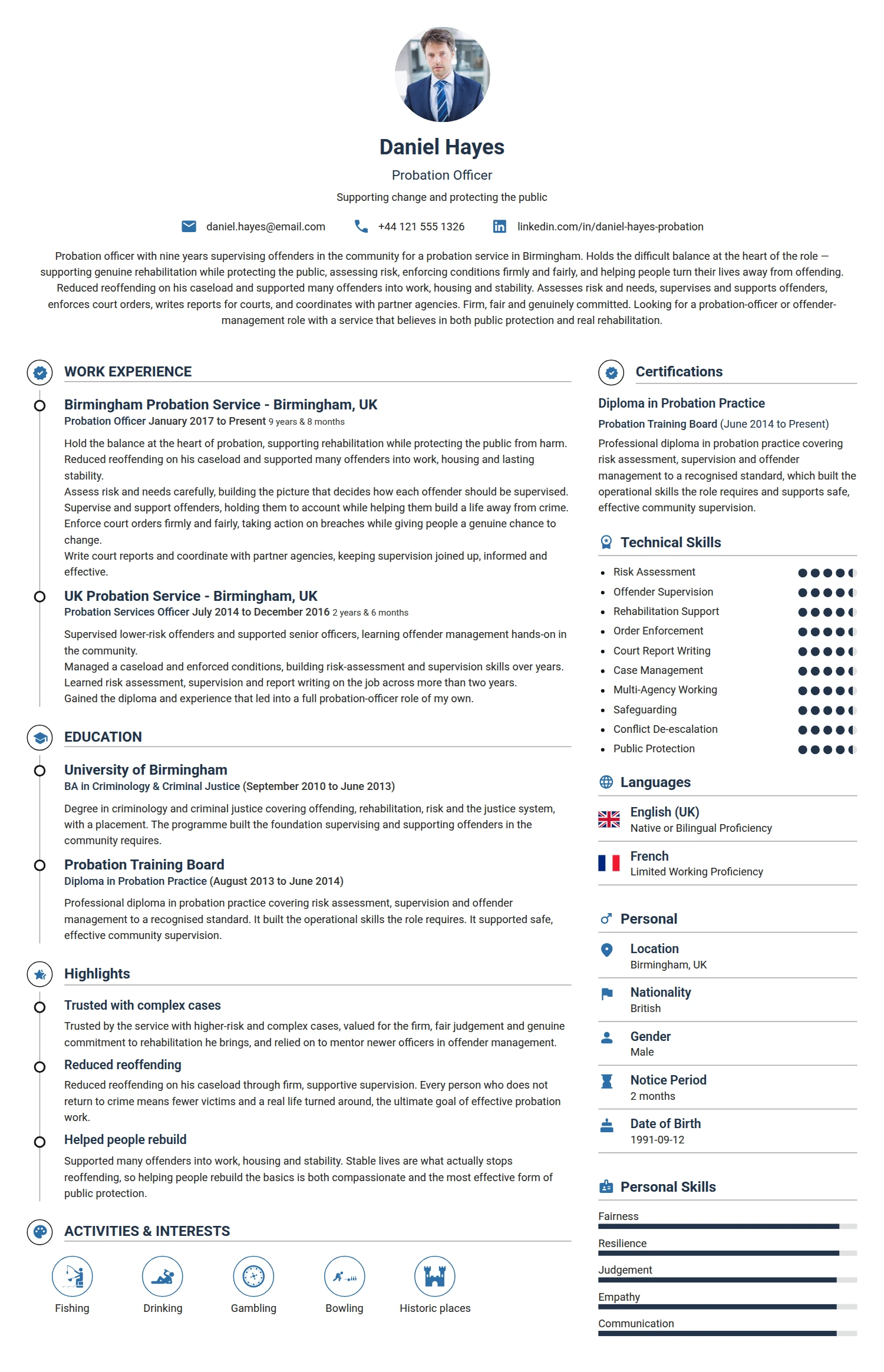 Probation Officer resume example — a professionally formatted Human Resources CV sample