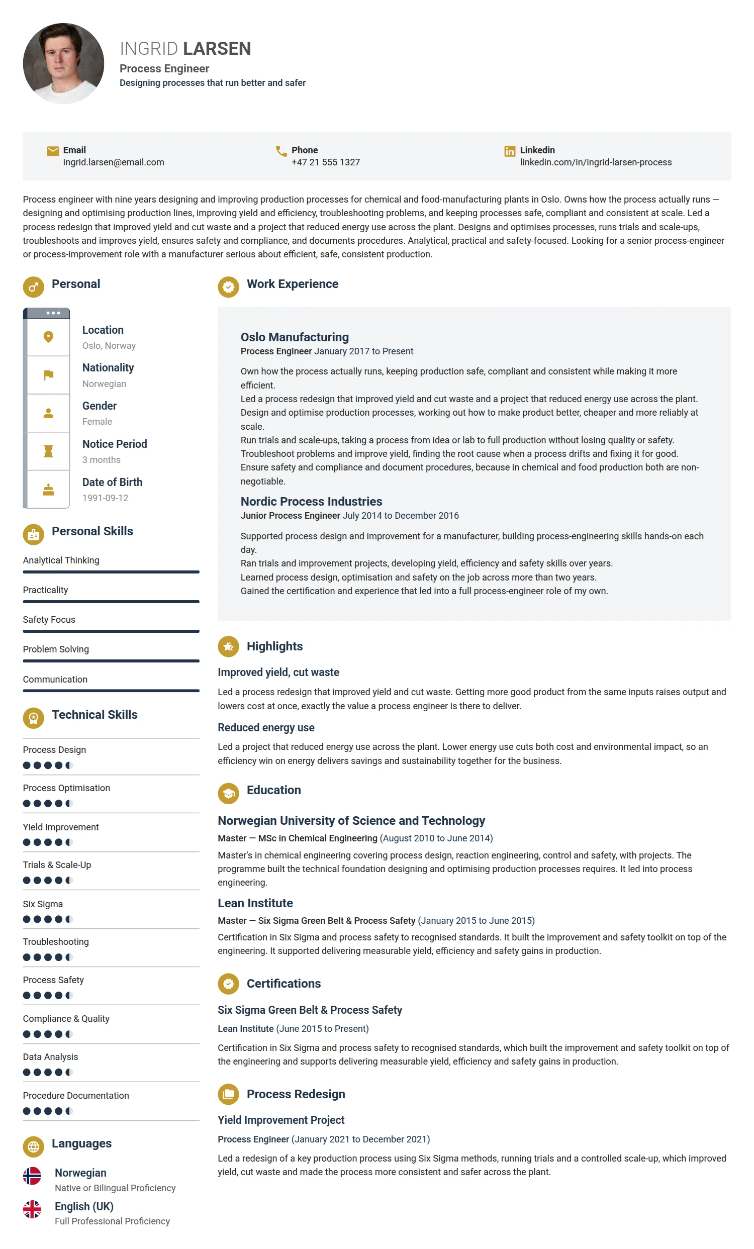 Process Engineer resume example — a professionally formatted Engineering CV sample