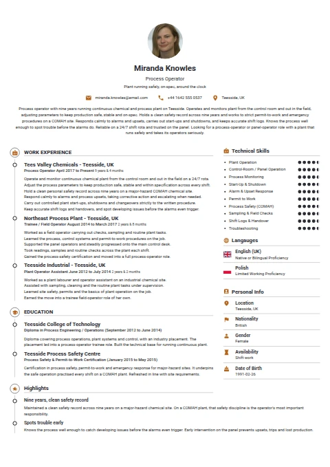 Process Operator resume example