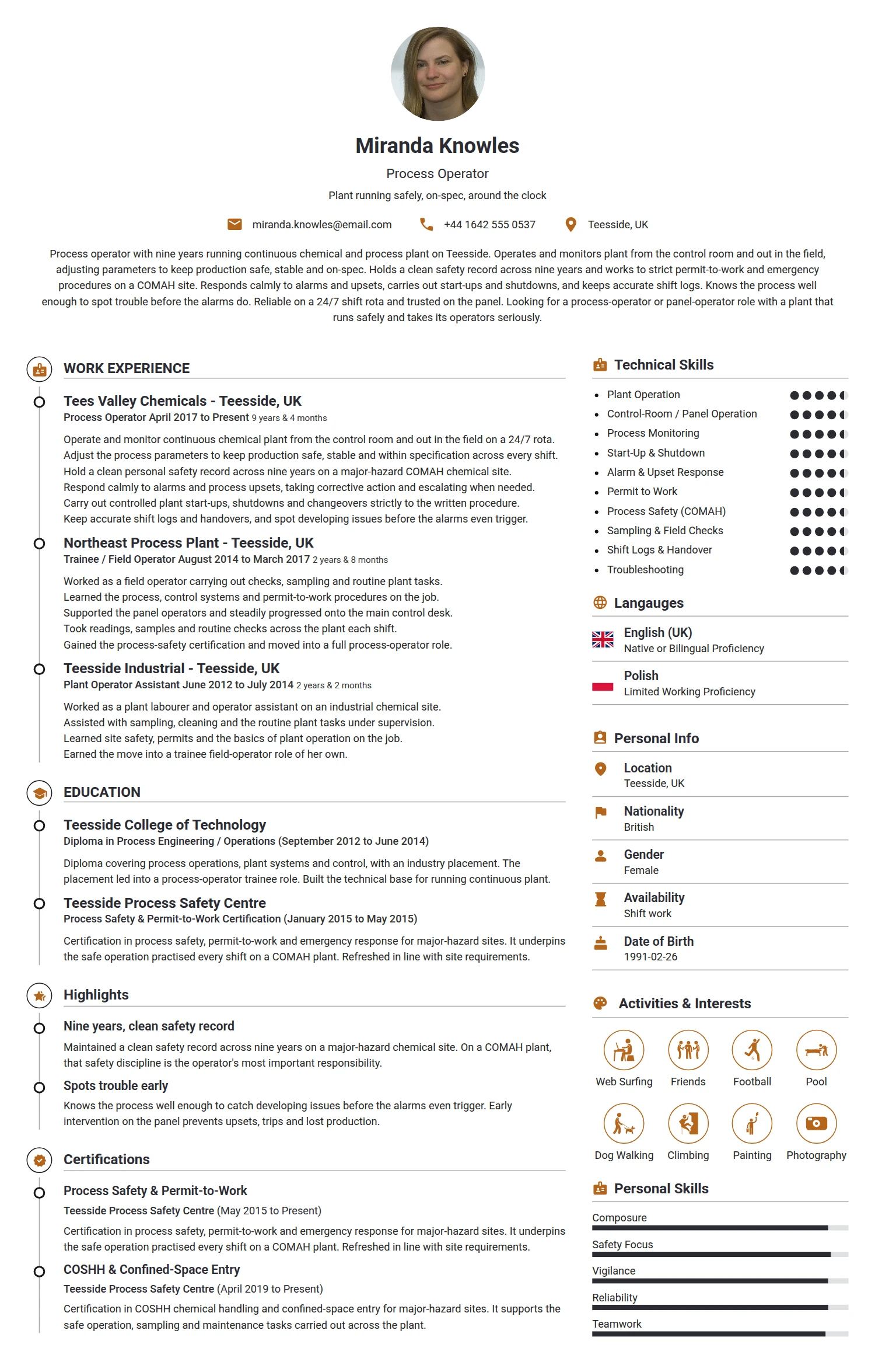 Process Operator resume example — a professionally formatted Manufacturing CV sample
