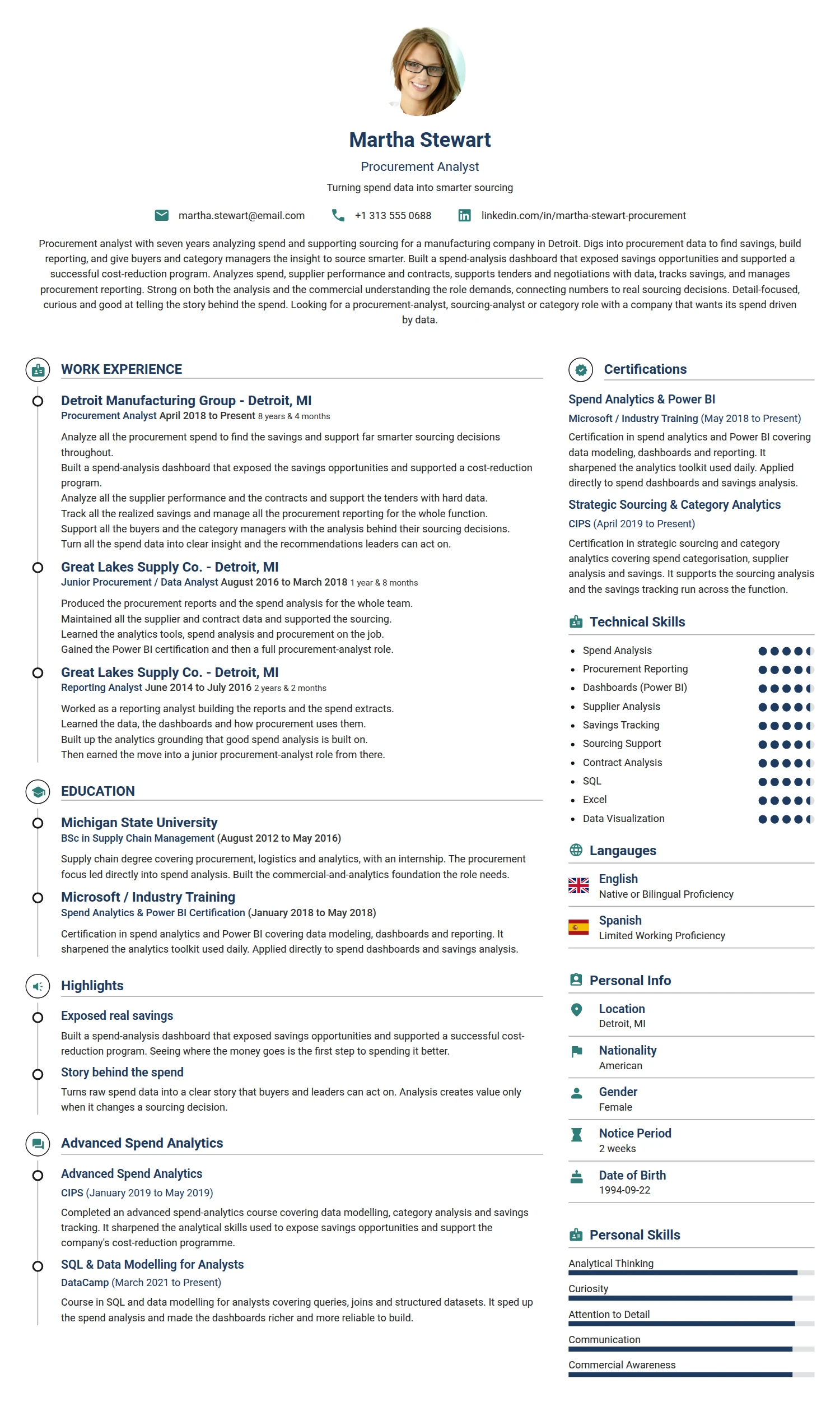 Procurement Analyst resume example — a professionally formatted Logistics/Supply Chain CV sample
