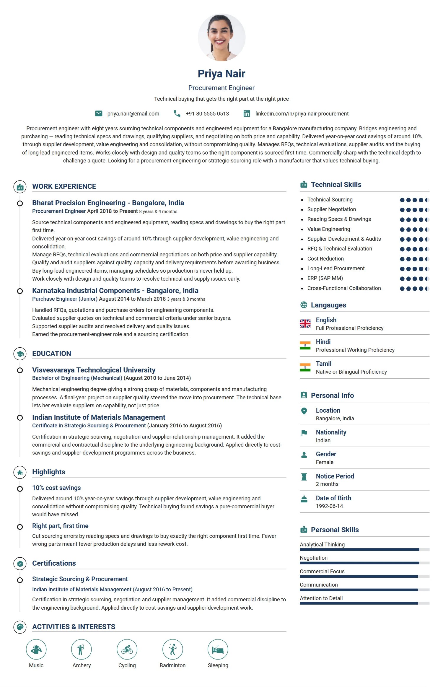 Procurement Engineer resume example — a professionally formatted Logistics/Supply Chain CV sample