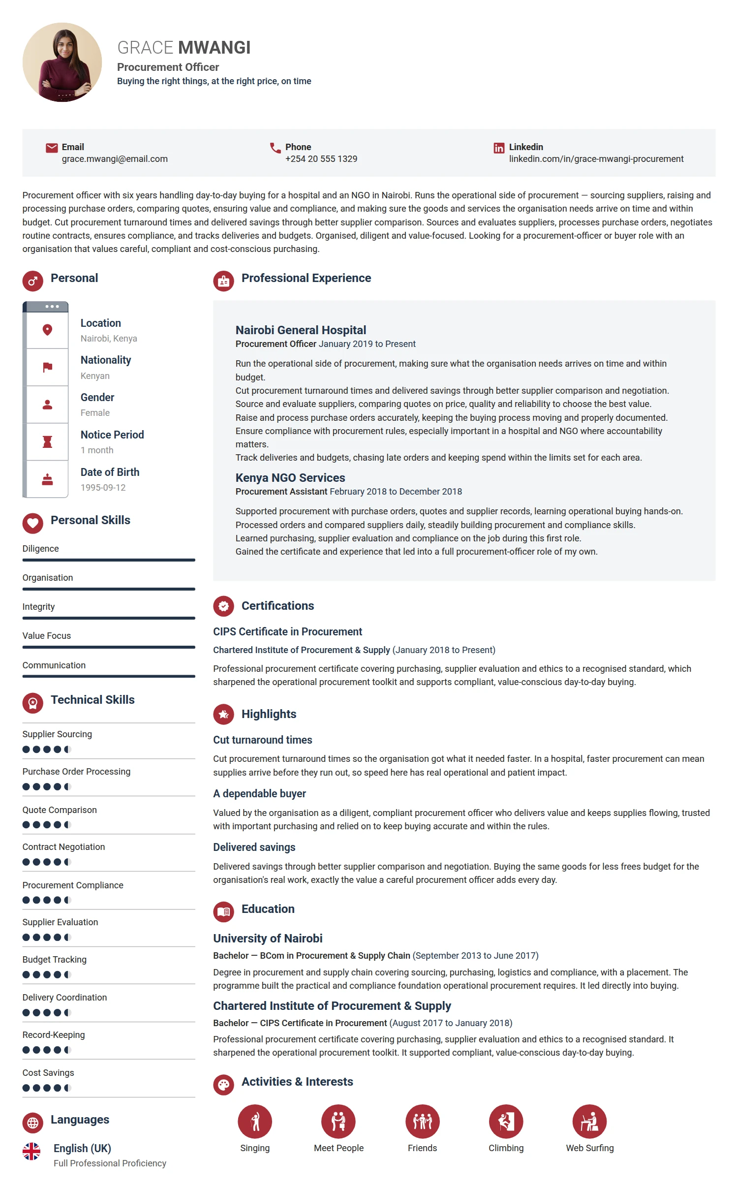 Procurement Officer resume example — a professionally formatted Logistics/Supply Chain CV sample