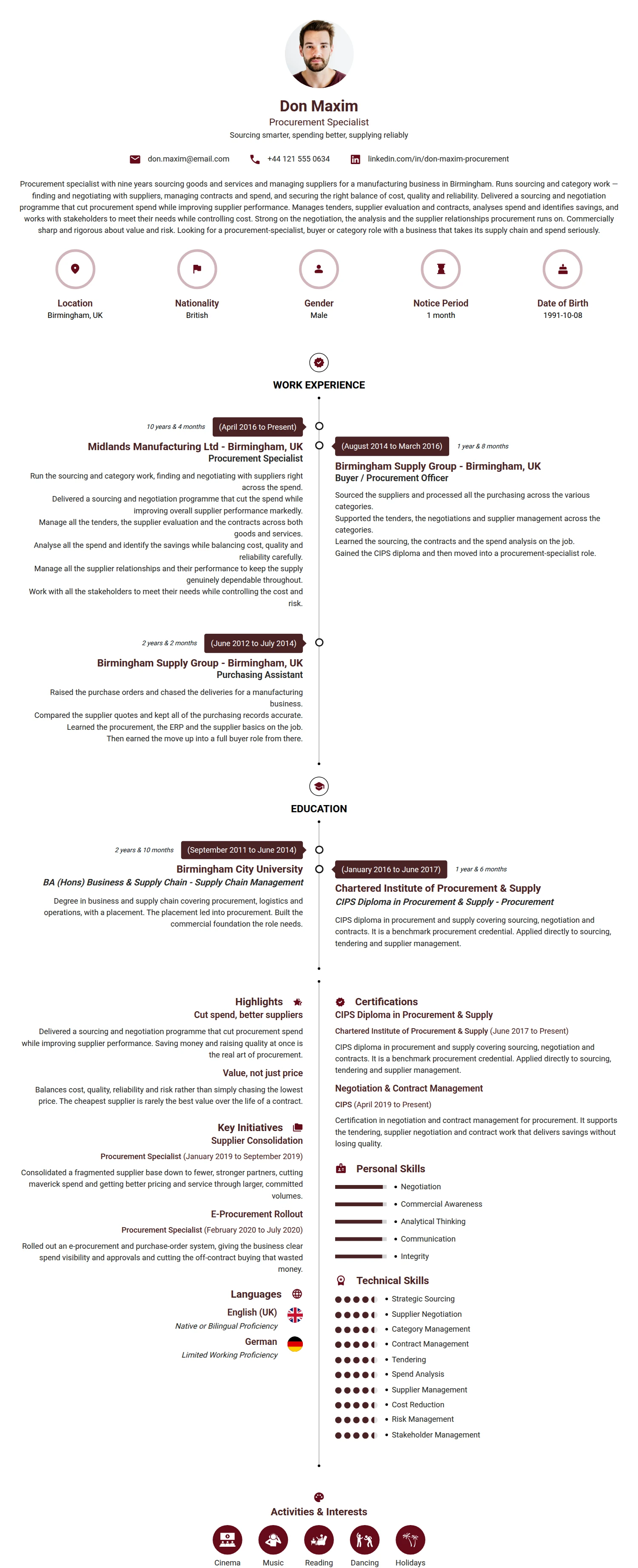 Procurement Specialist resume example — a professionally formatted Logistics/Supply Chain CV sample