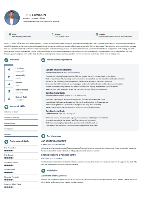 Product Control Officer resume example