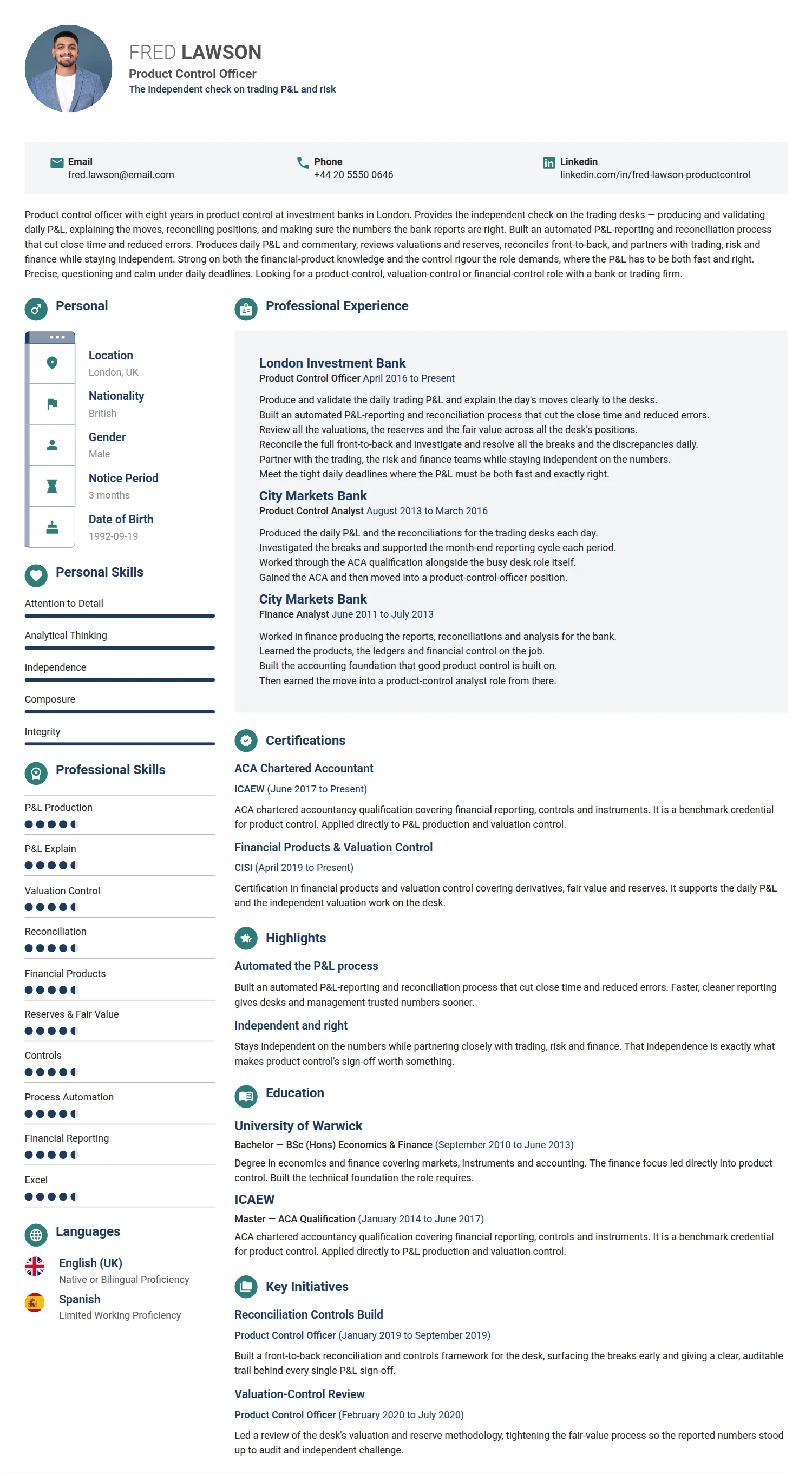 Product Control Officer resume example — a professionally formatted Manufacturing CV sample