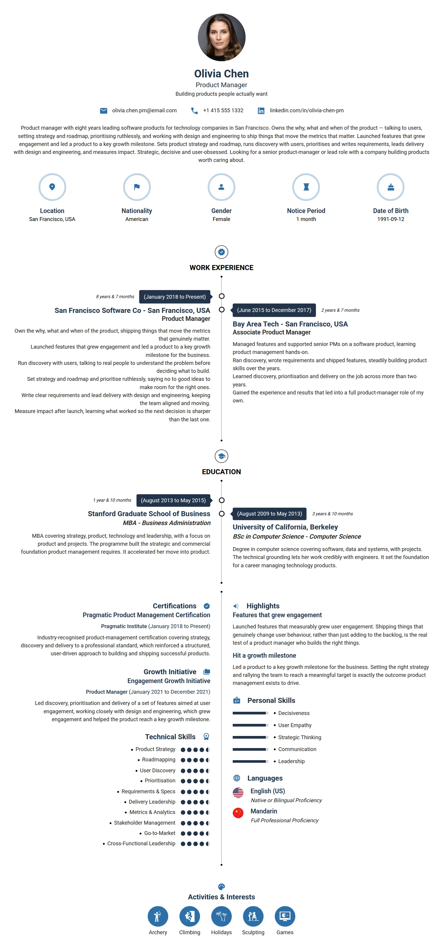 Product Manager resume example — a professionally formatted Advertising/Marketing/PR CV sample