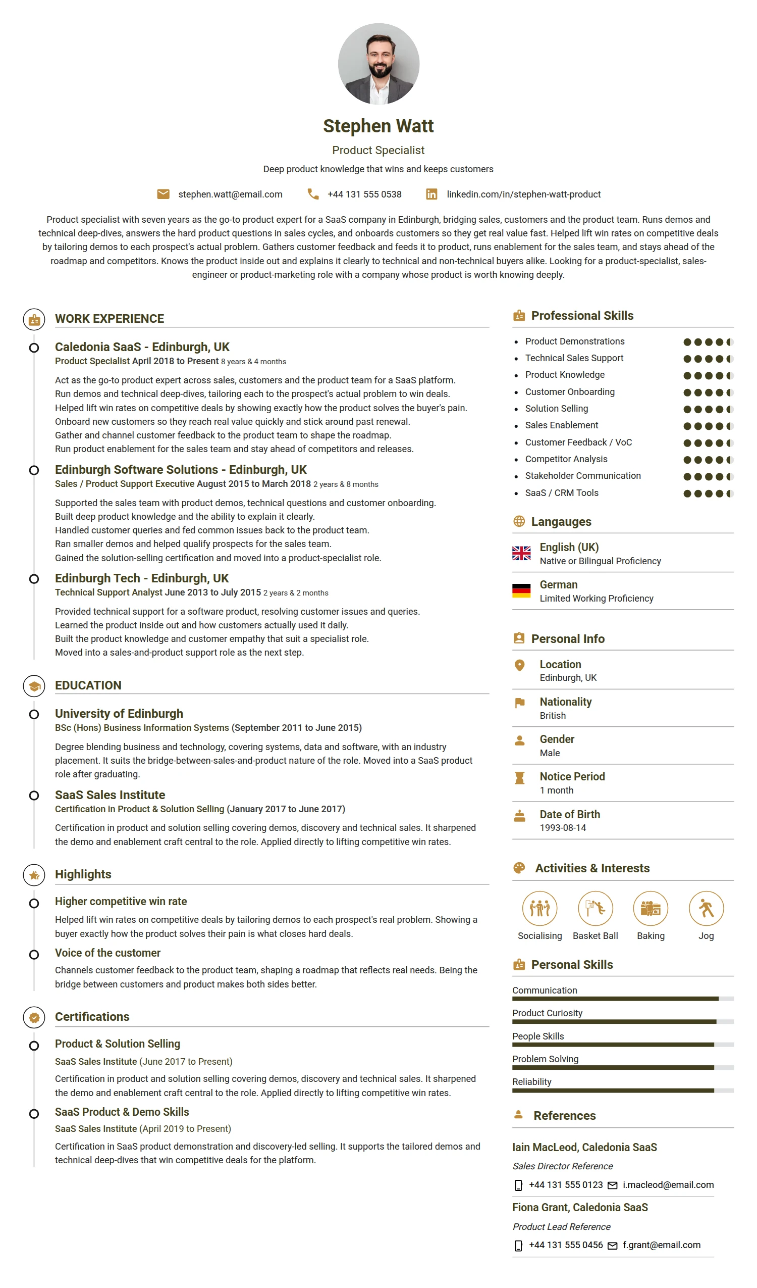 Product Specialist resume example — a professionally formatted Advertising/Marketing/PR CV sample