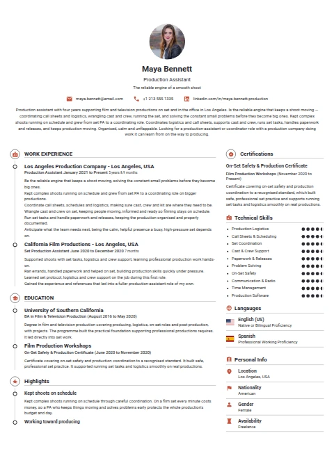 Production Assistant resume example — a professionally formatted Manufacturing CV sample