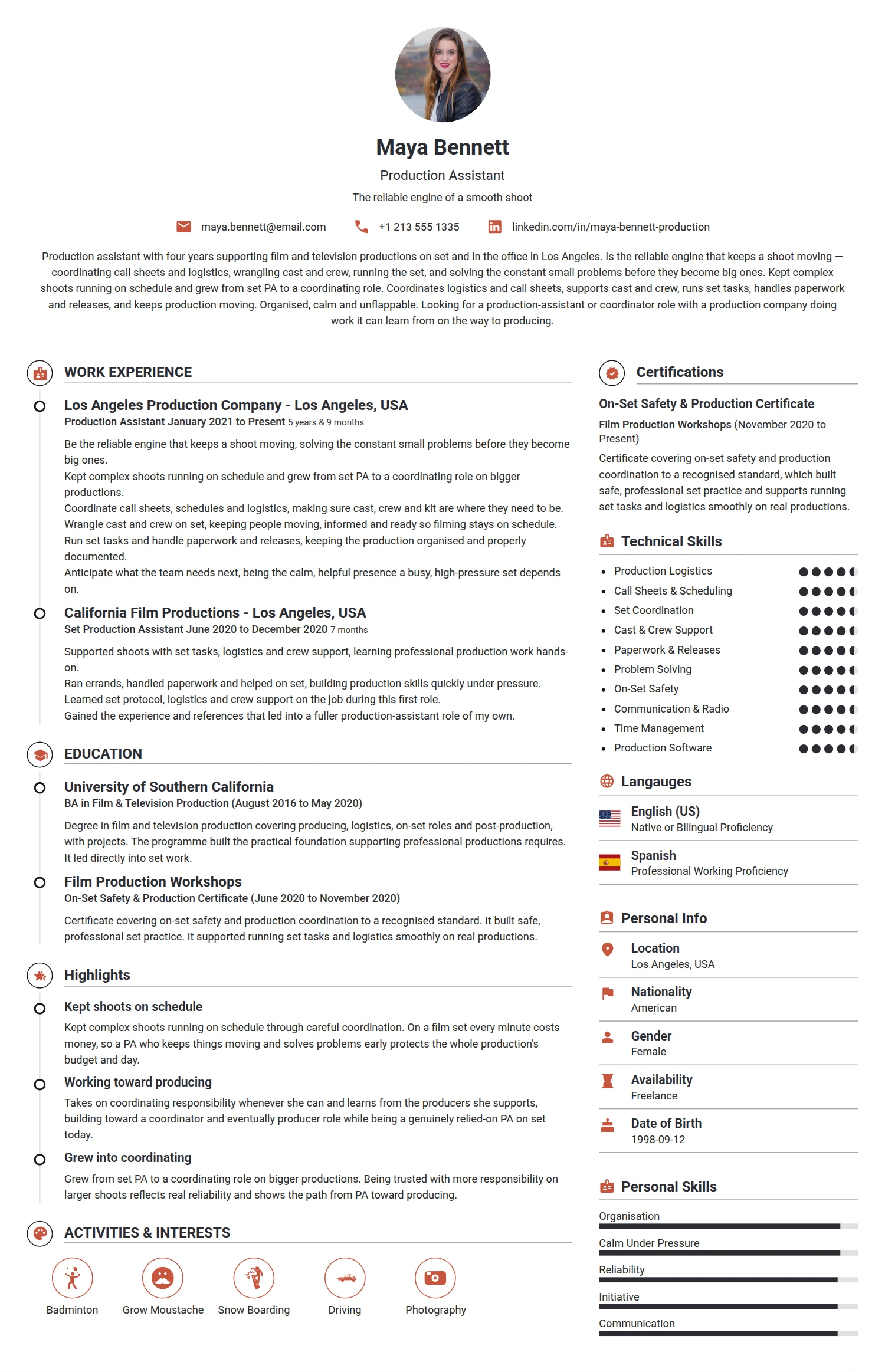 Production Assistant resume example — a professionally formatted Manufacturing CV sample