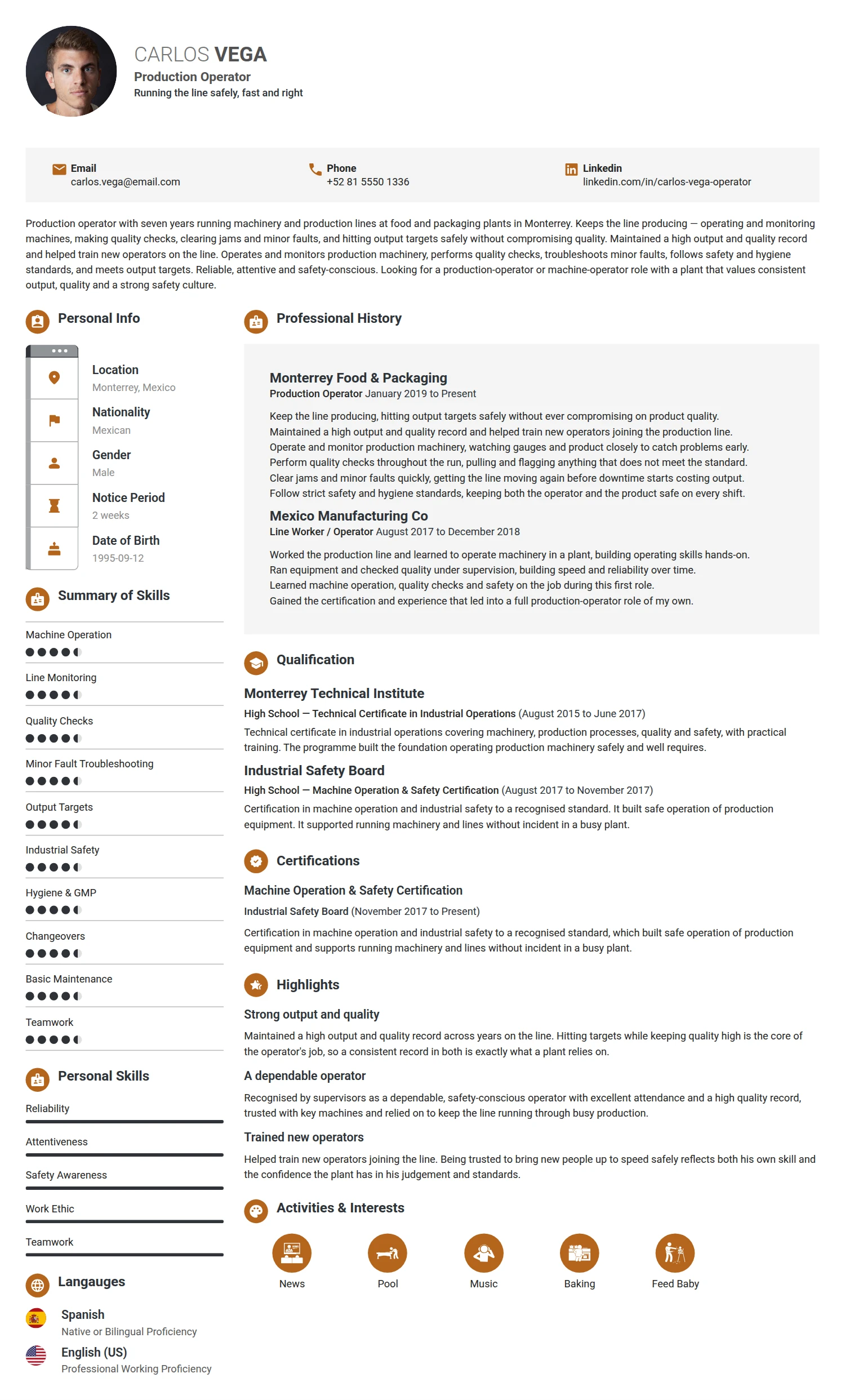 Production Operator resume example — a professionally formatted Manufacturing CV sample