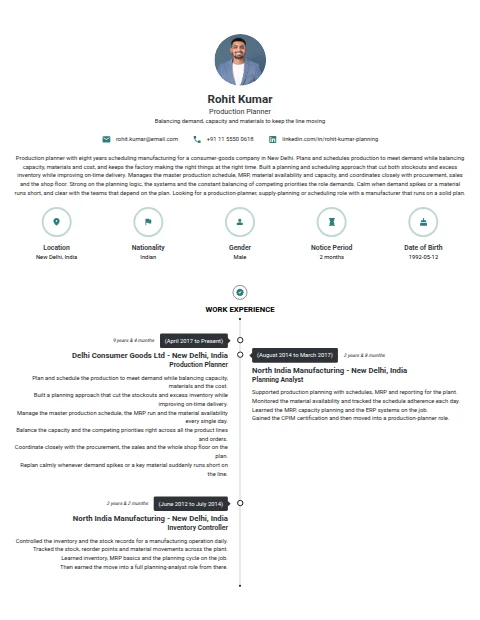 Production Planner resume example