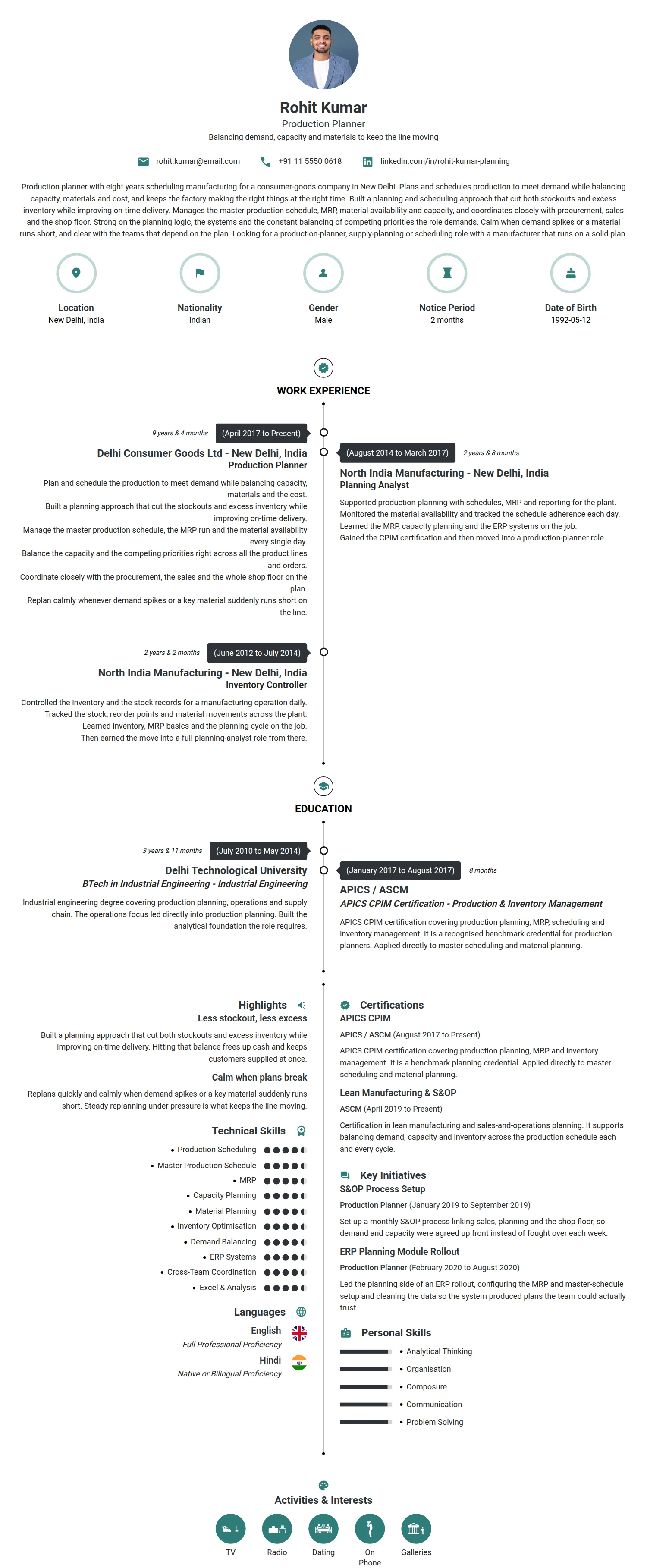 Production Planner resume example — a professionally formatted Manufacturing CV sample