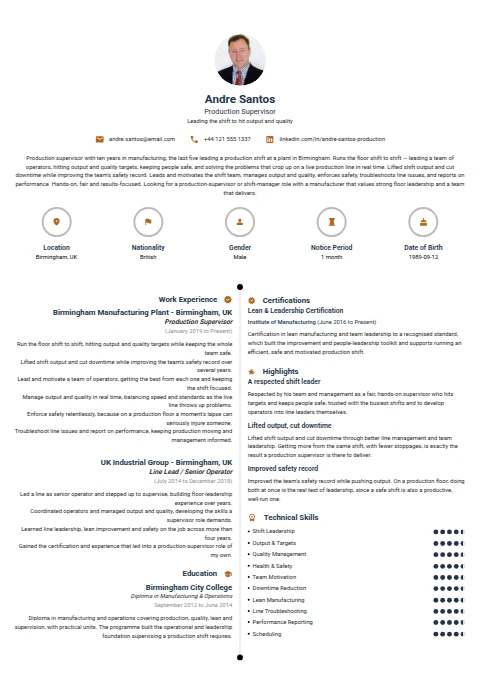 Production Supervisor resume example