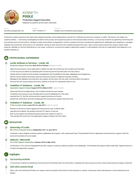 Production Support Executive resume example — a professionally formatted Manufacturing CV sample