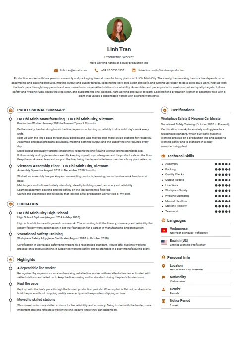 Production Worker resume example