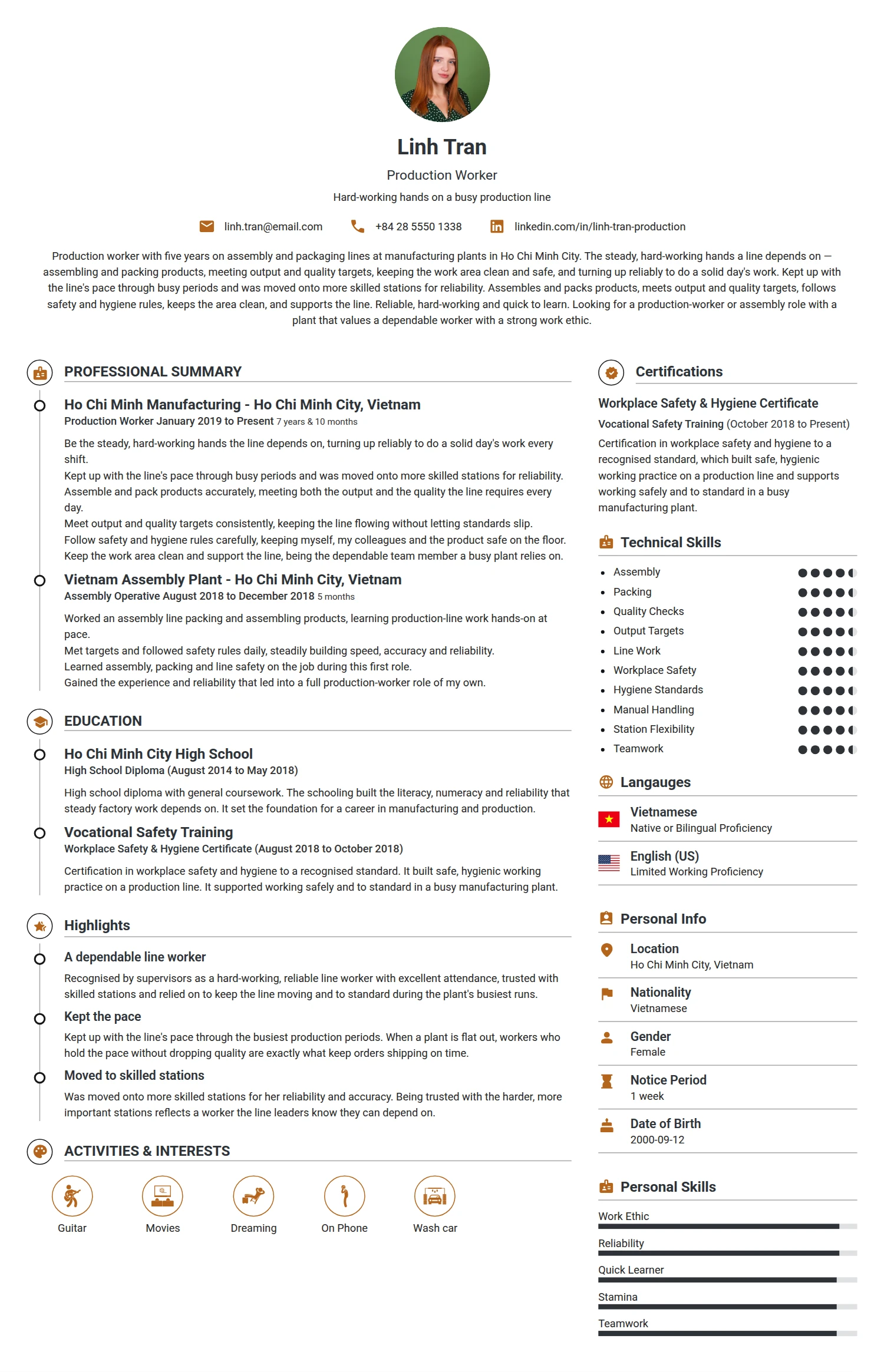 Production Worker resume example — a professionally formatted Manufacturing CV sample