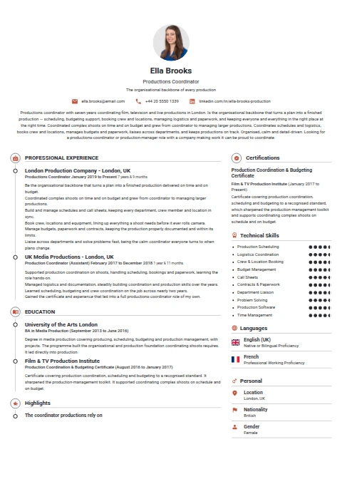 Productions Coordinator resume example