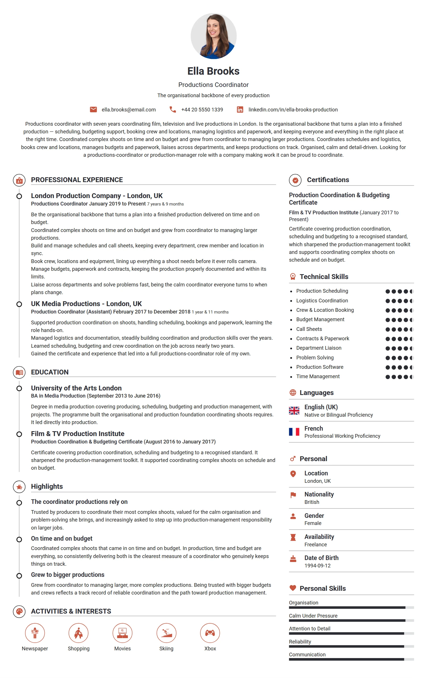 Productions Coordinator resume example — a professionally formatted Media/Journalism CV sample
