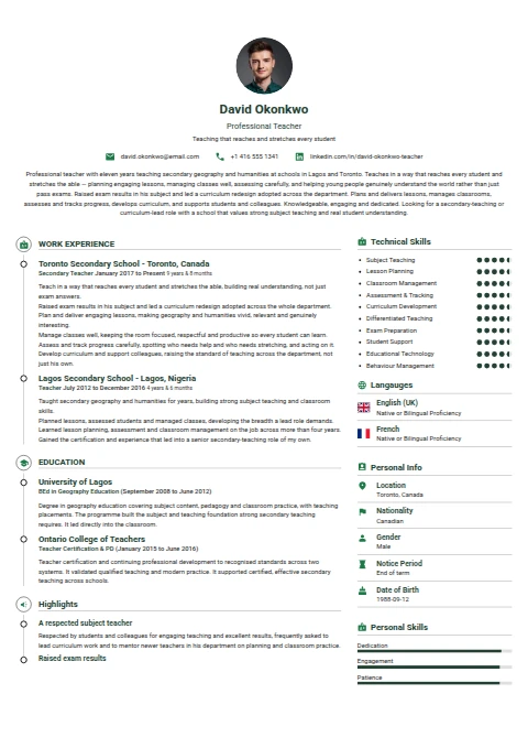 Professional Teacher resume example — a professionally formatted Education CV sample