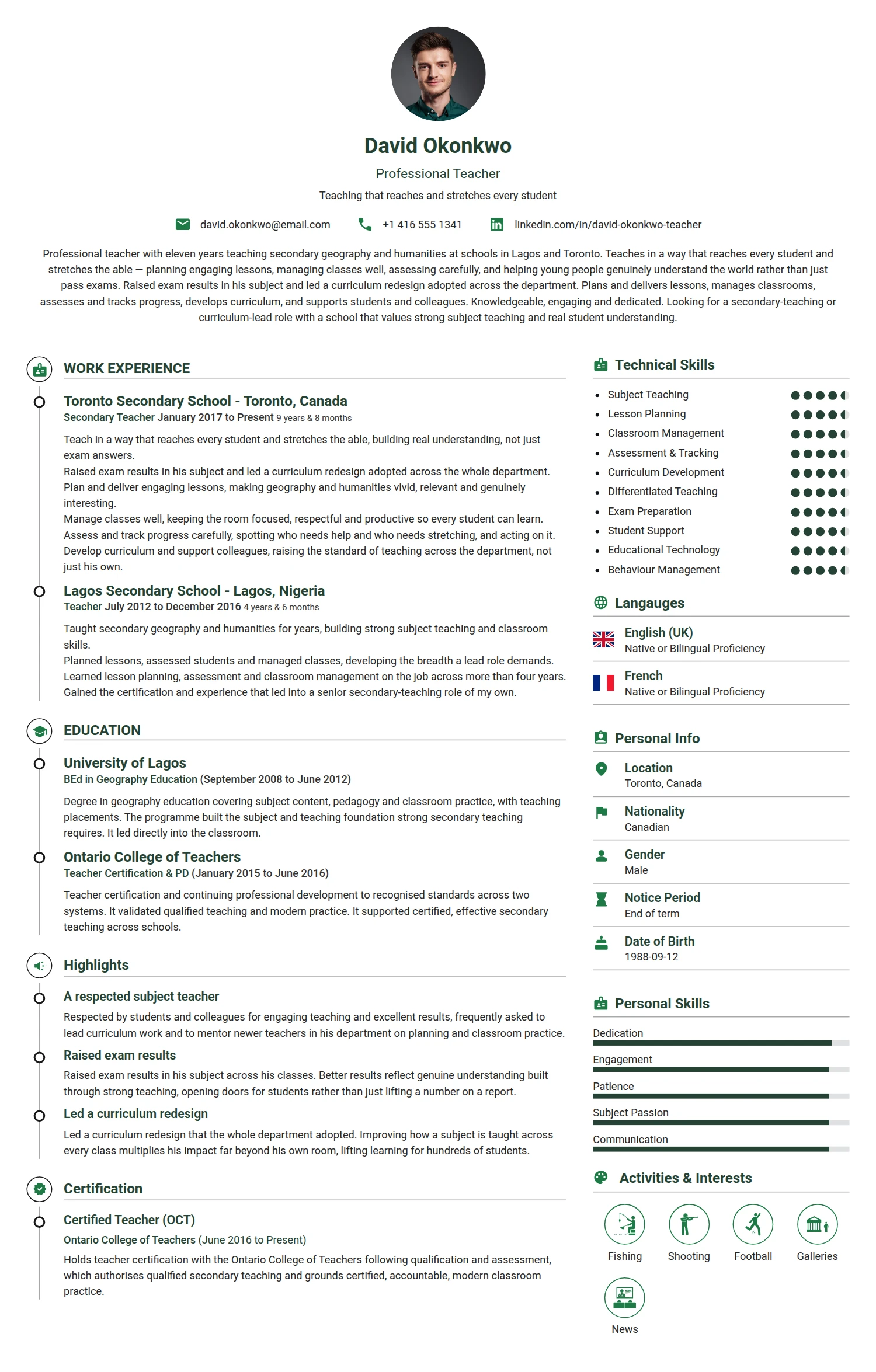 Professional Teacher resume example — a professionally formatted Education CV sample